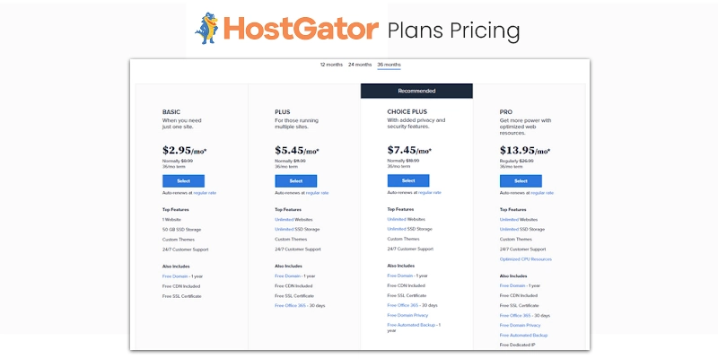 Hostgator Plans Pricing