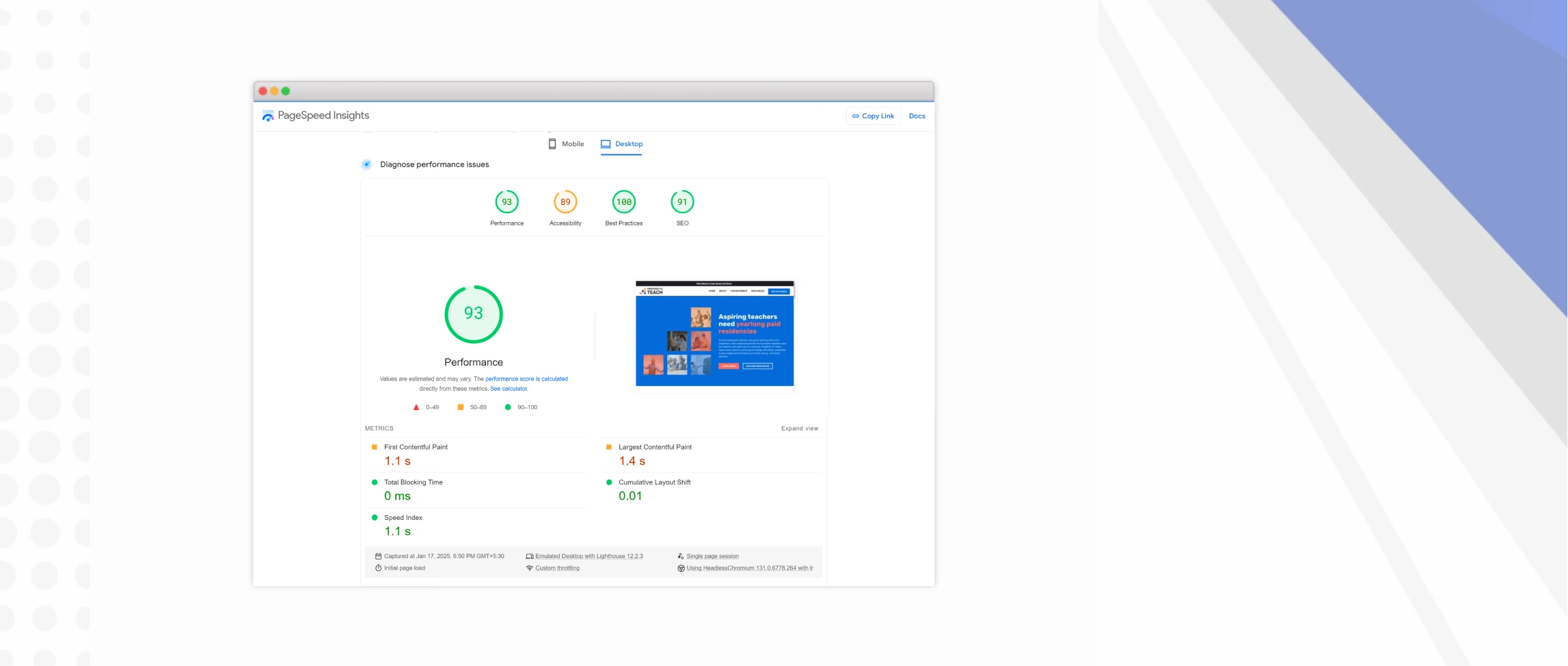 Google Pagespeed Insights Snapshot of the website: